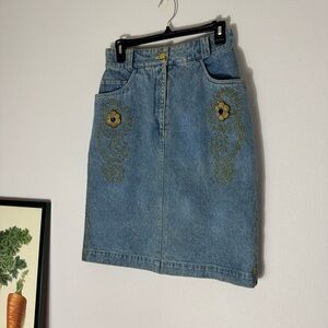 Vintage Mondi denim skirt with gold embroidery and colorful gemstones, ALTERED